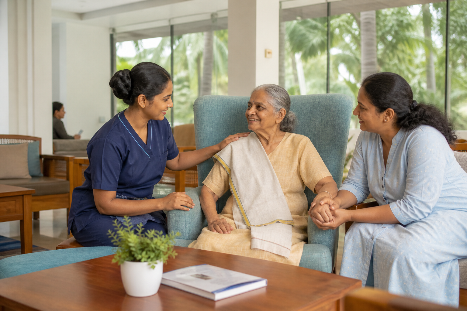 Families receiving compassionate palliative and geriatric care at Ravouex Zyor Hospital in Punalur